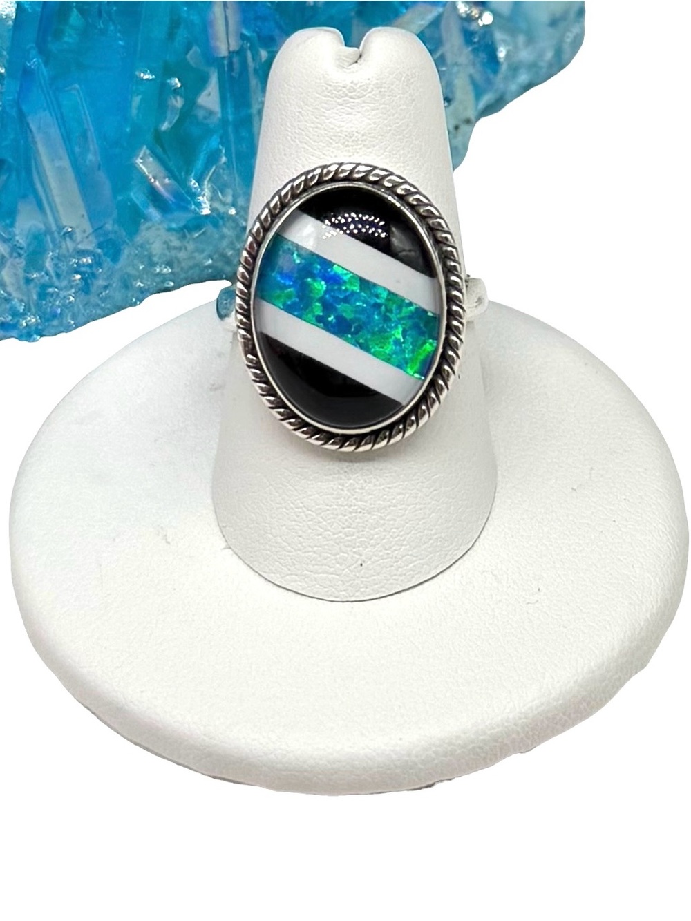 Aurora Fire Opal Black Onyx Striped Ring 925 Sterling Silver Size 7.5 Blue Green